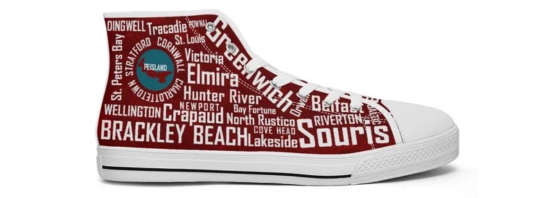 Red canvas high top sneaker adorned with PEI place names