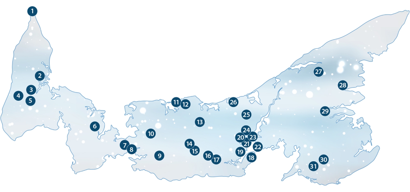 Graphic image of Prince Edward Island with numbers plotting winter trails