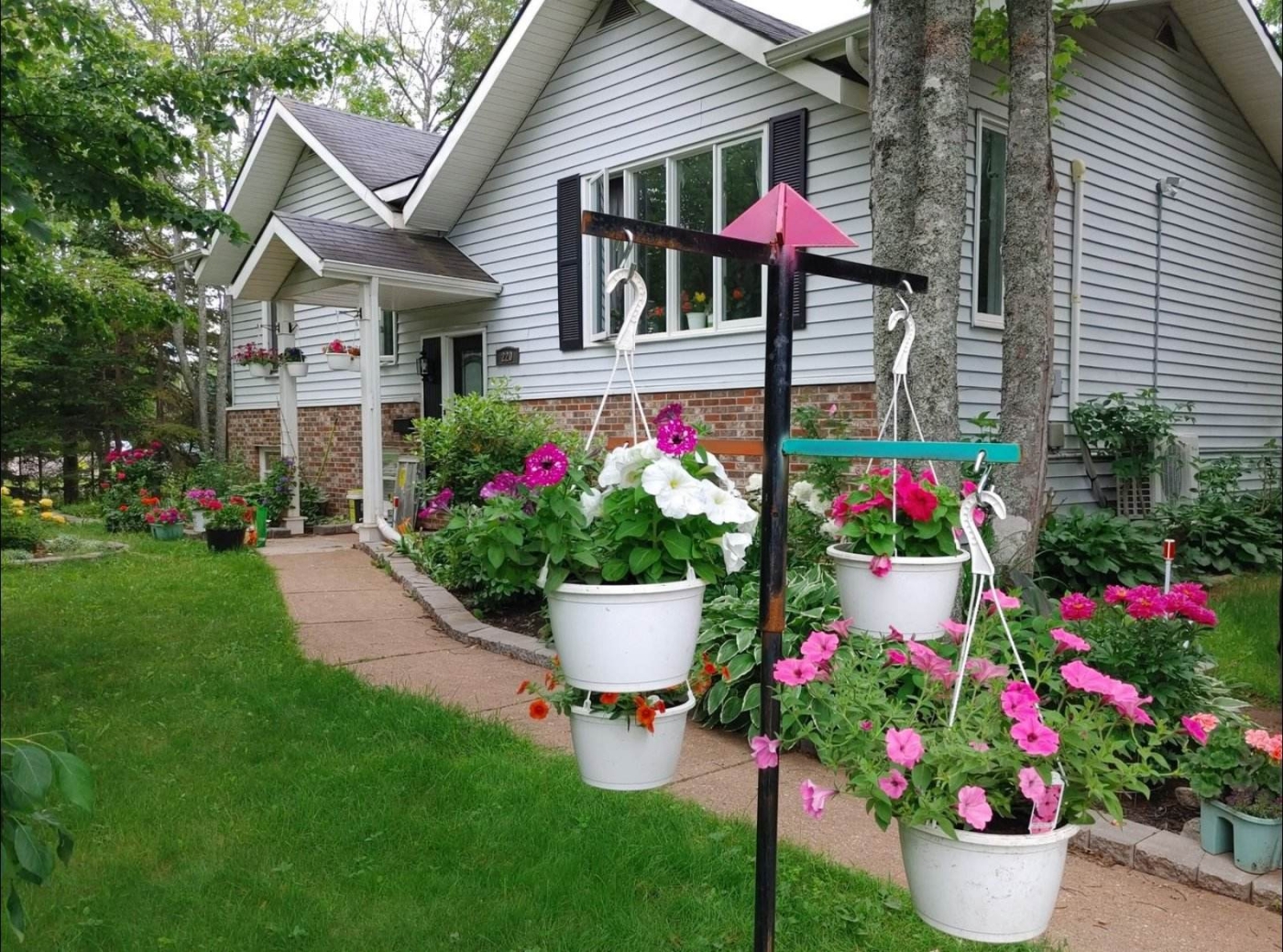 Walkway to lovely grey house with beautiful hanging baskets out front