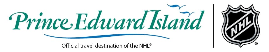 Tourism PEI logo horizontal with NHL logo and text" Official Travel Destinations of the NHL"