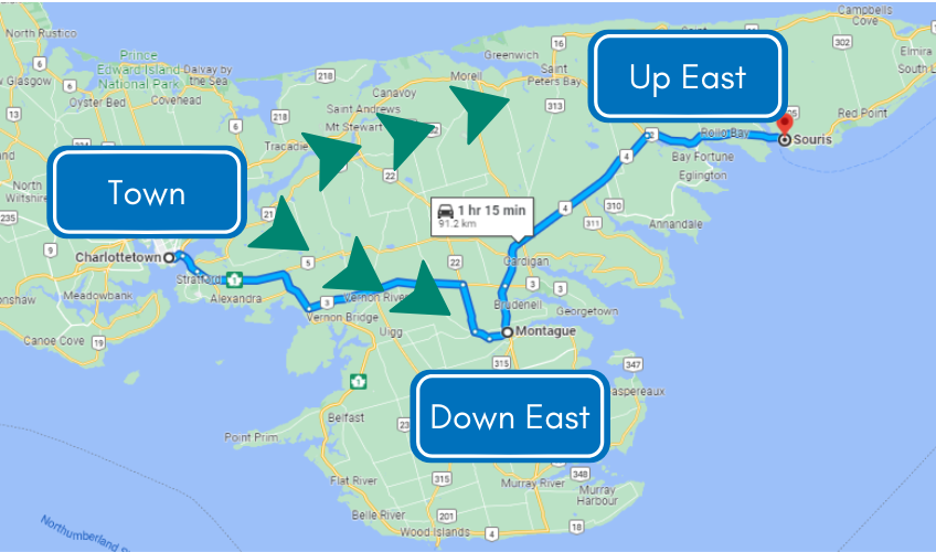 Map graphic of eastern Prince Edward Island showing Town, Up East and Down East