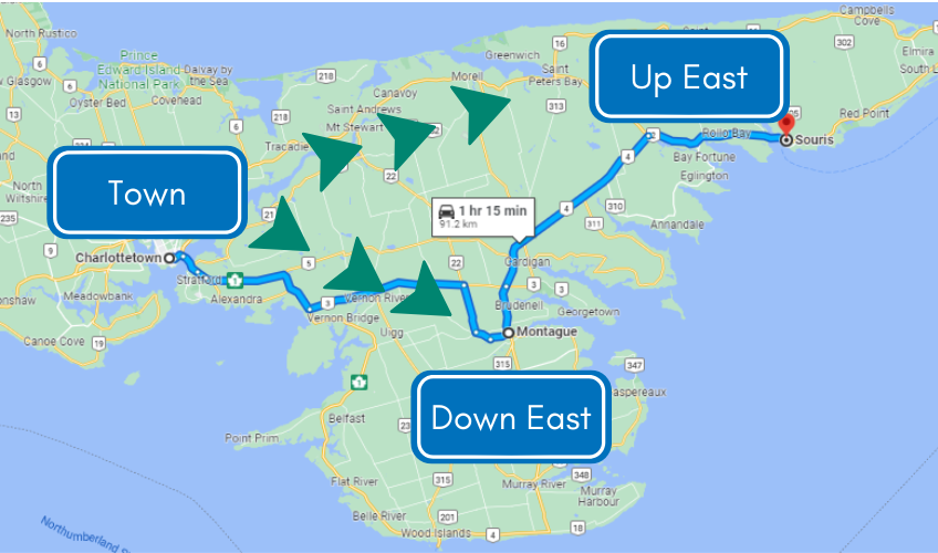 Eastern Prince Edward Island Map graphic of eastern Prince Edward Island showing Town, Up East and Down East