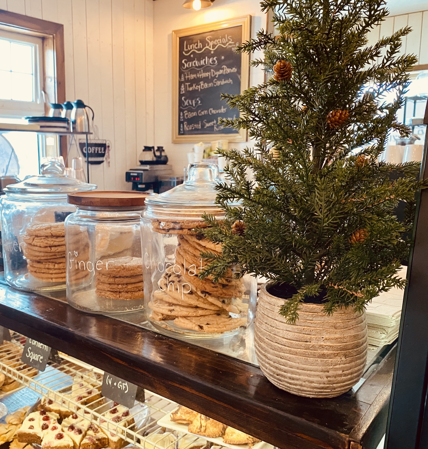 Closeup of cookie jars and Christmas tree at front counter of Willow Bakery
