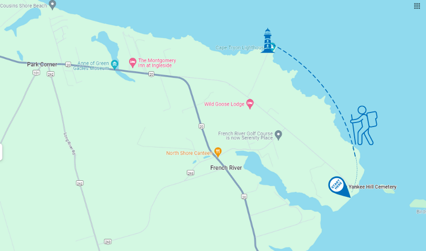 Google map view of hike from Yankee Hill beach to Cape Tryon LIghthouse