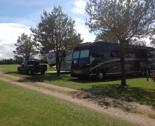 Bayside Rv picture of campsites, with trees and two large Rv's