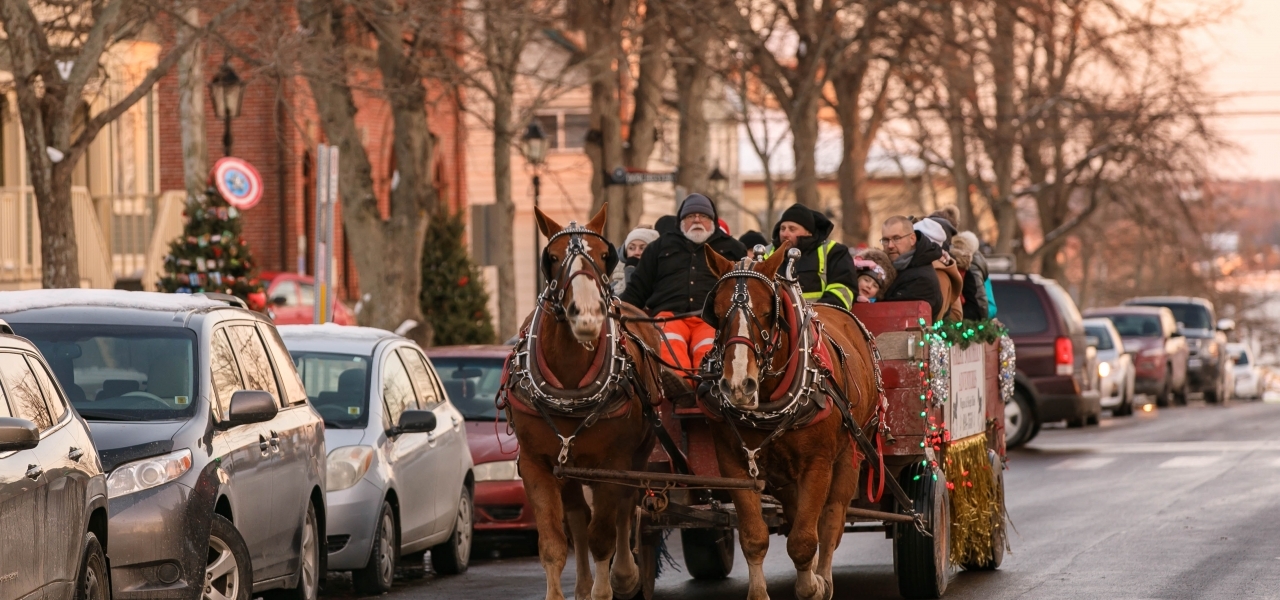 Charlottetown Christmas festival horse draw carriage on the streets of downtown Charlottetown.