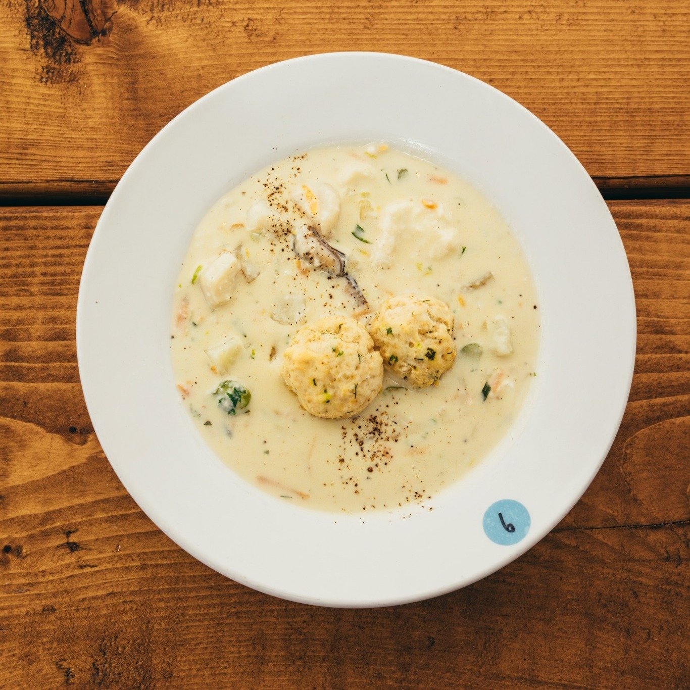 View from top of bowl of Chef Landon's chowder, Olde Dublin Pub & Claddah OysterHouse