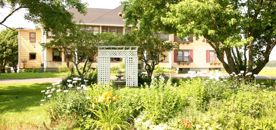 Exterior view of garden in full bloom in front and Chez Shea in background