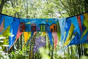 blue orange and yellow flags strung between tress in the forest with route 11 written on them
