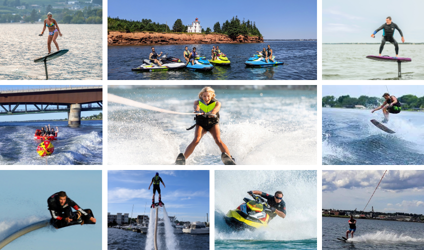 collage of people water skiing and kite boarding