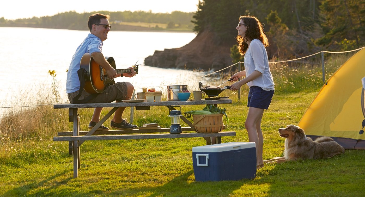 Couple Camping, guitar, backlit